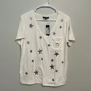 NWT Miss Me Slub Knit Off White V-Neck Tee with Emobssed Silver Stars
